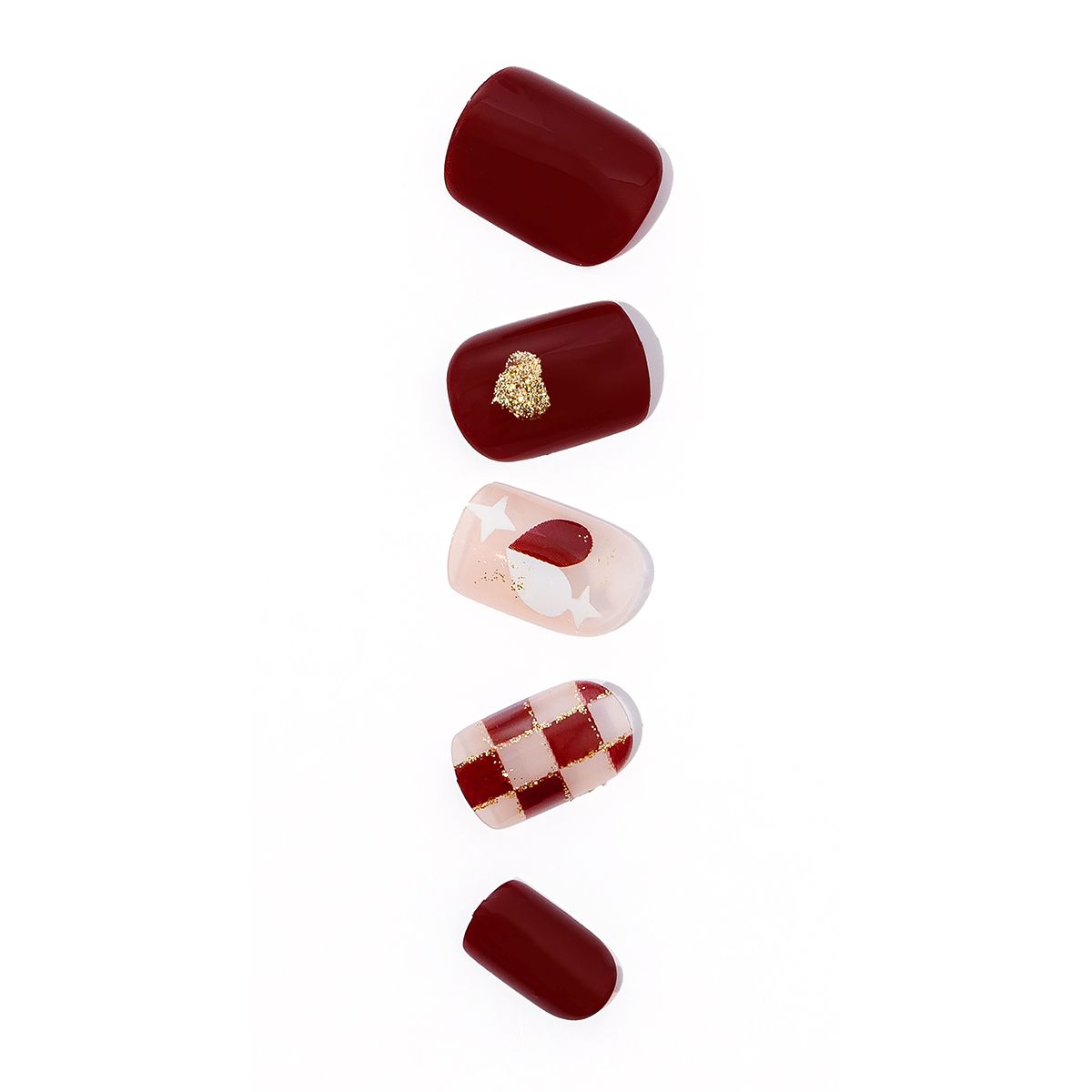 Red Press On Nails with Glue - Short Round Nails with Hearts