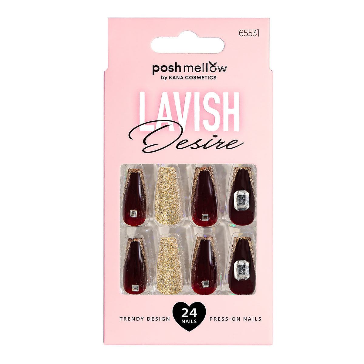 Red Press On Nails with Glue - Coffin Shaped Nails by Poshmellow