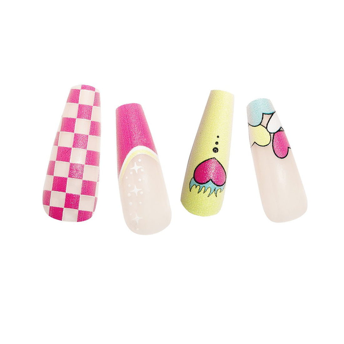 Pink Press On Nails with Glue - Coffin Shaped Nails with hearts