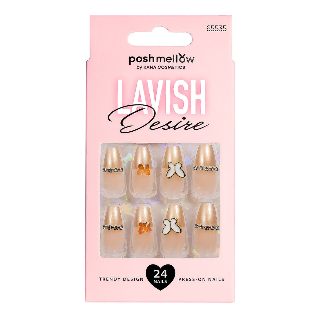 Pink Press On Nails with Glue - Coffin Shaped Nails with butterflies butterfly designsby Poshmellow